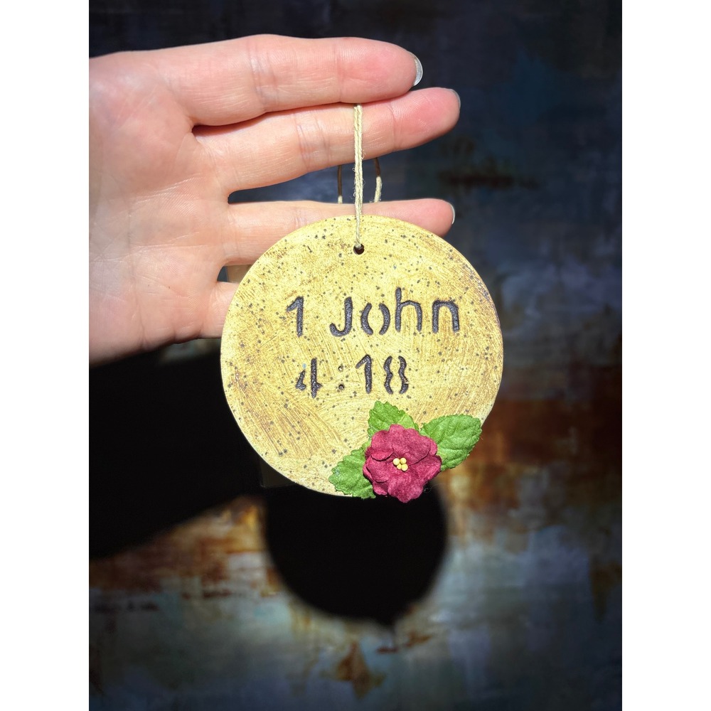 Handmade 1 John 4:18 Bible Verse Gold Ceramic Round Ornament Signed 2024